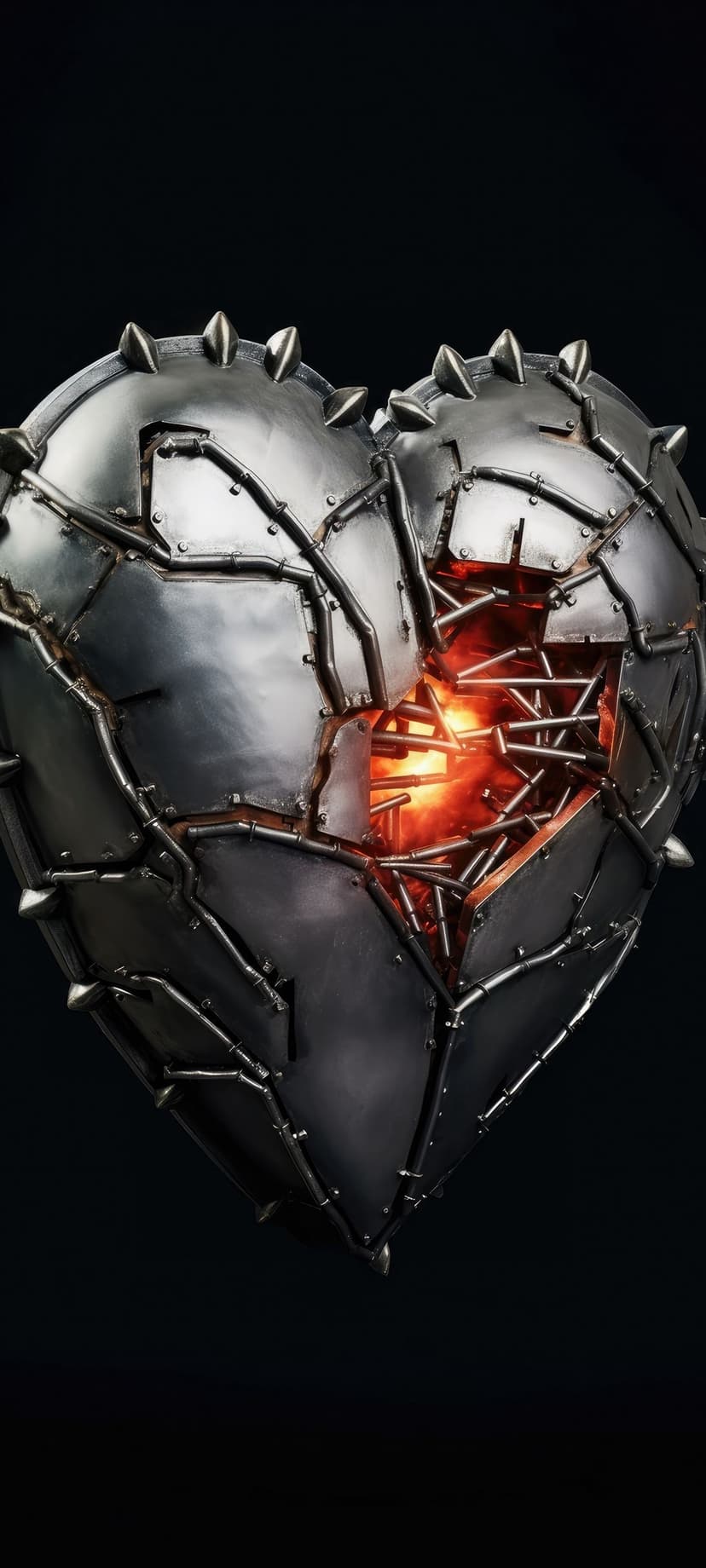 Spiked metallic heart with a cracked shell revealing a glowing molten interior against a dark background.