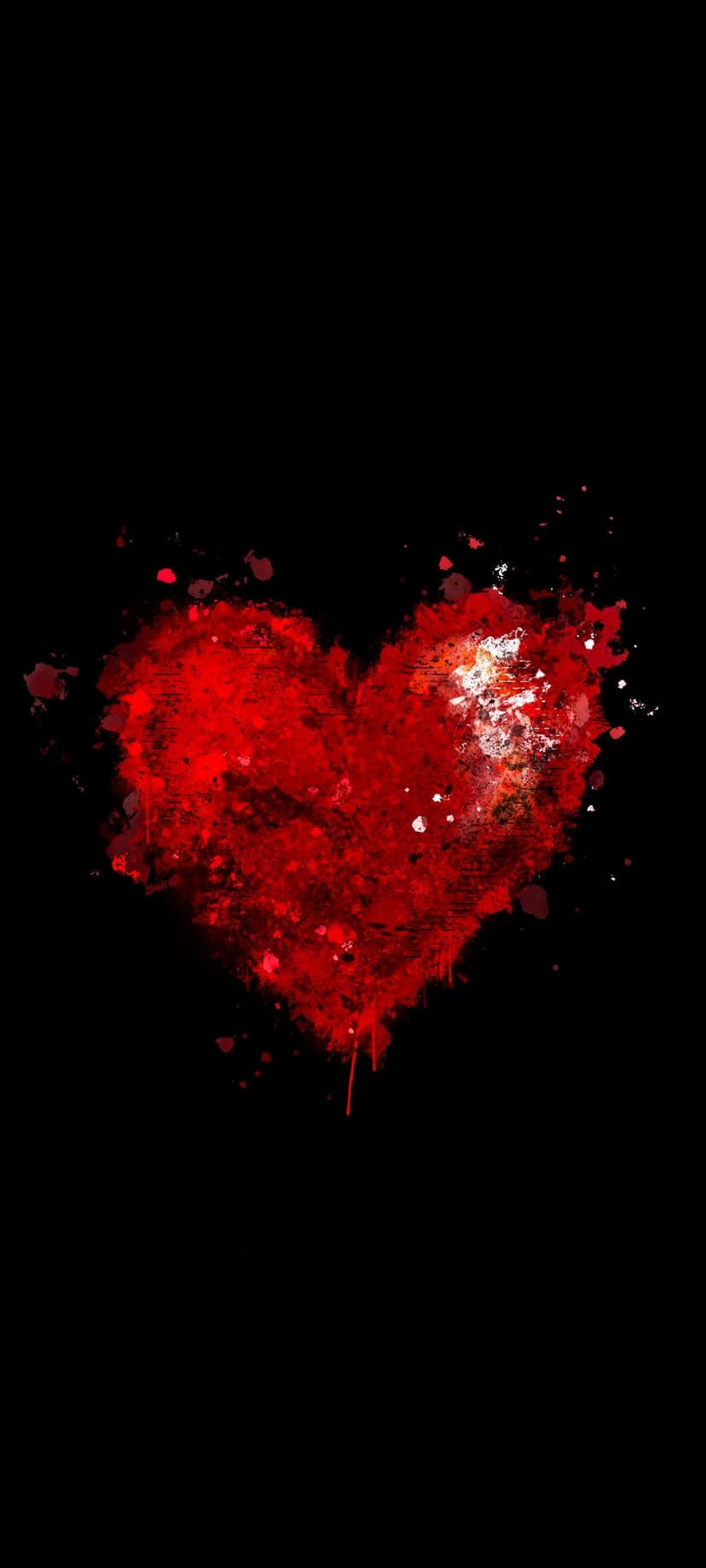 Red heart shape with textured red and white paint splatters and drips centered on a solid black background.