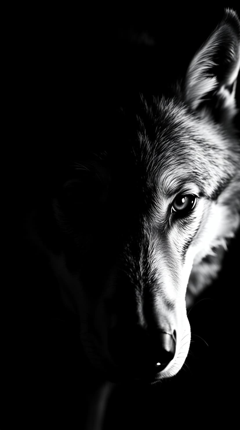 Wolf face with one eye visible and the other half hidden in shadow, showing detailed fur and a focused gaze.