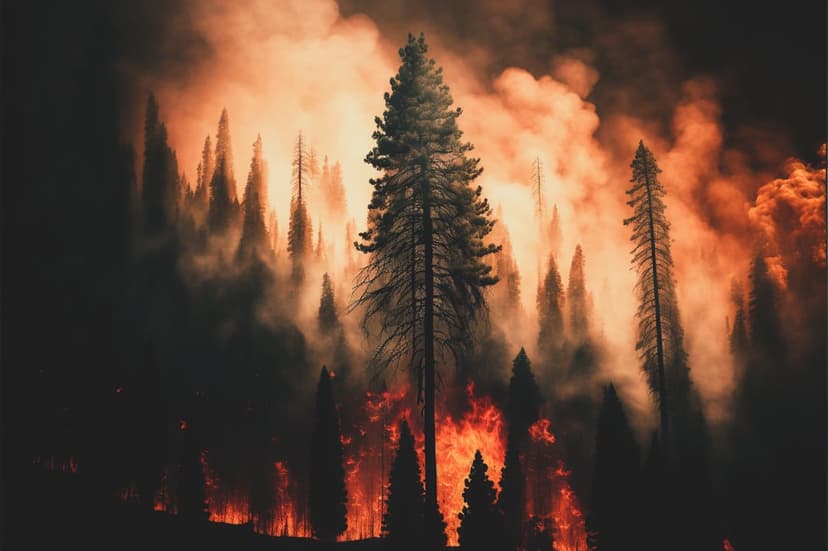 Burning pine trees engulfed in bright orange flames and heavy black smoke during an intense forest fire.