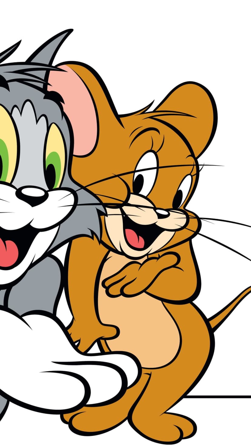 Tom the gray cat and Jerry the brown mouse smile together against a solid white background in a close-up portrait.