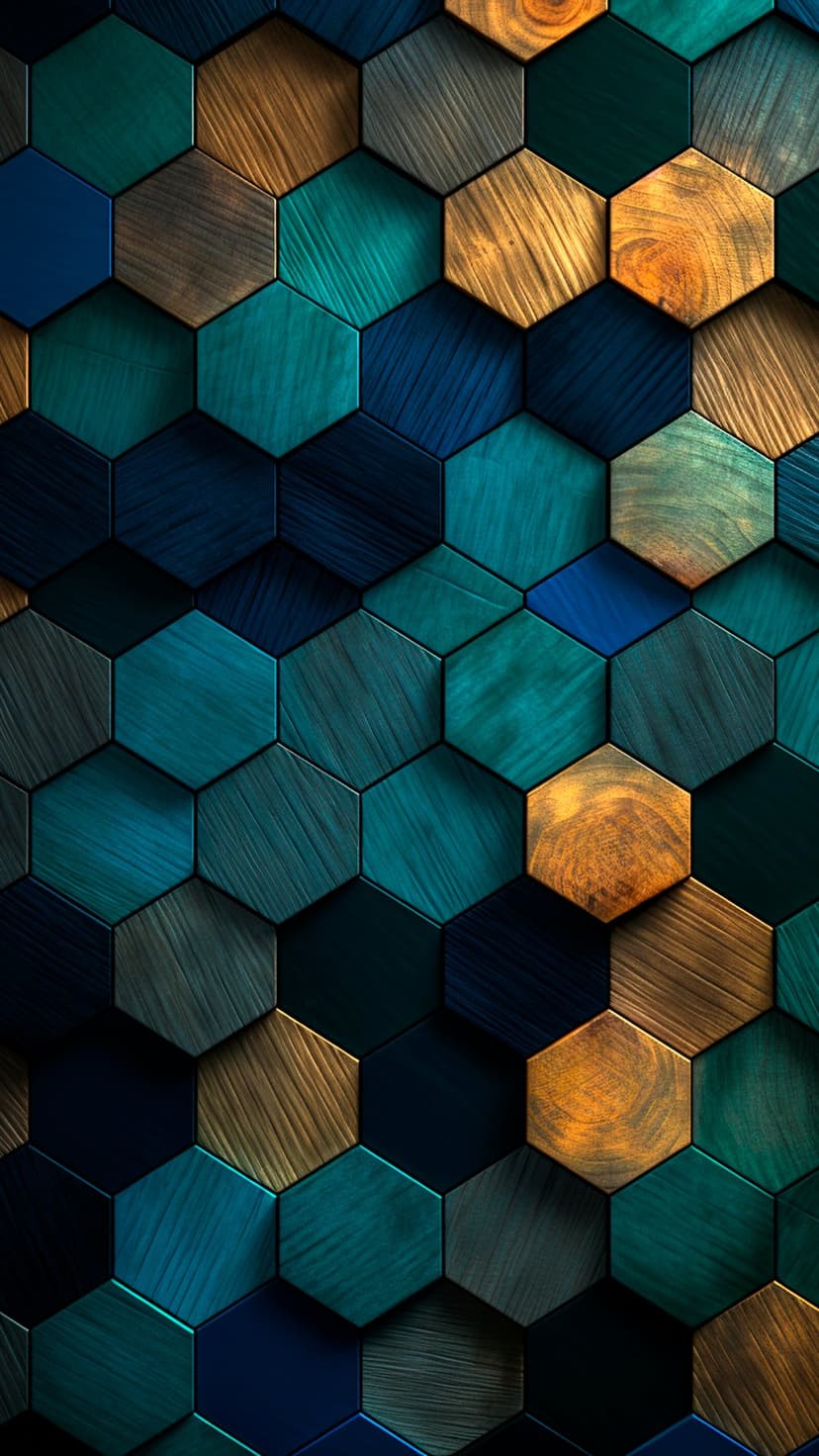 Interlocking hexagonal tiles in natural wood grain and teal blue textures with subtle 3D shadow effects.