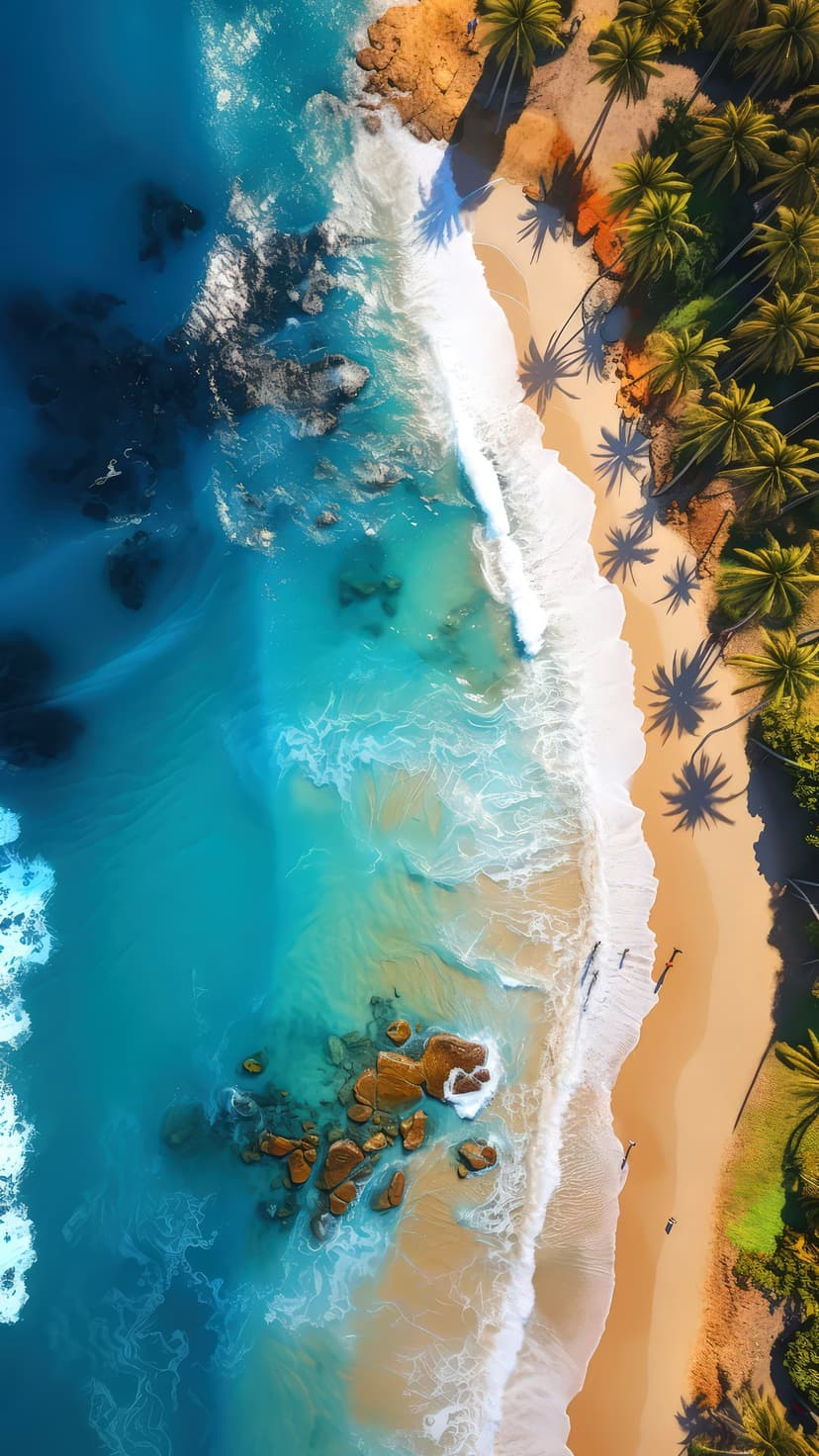 Turquoise ocean waves meet a golden sand shore bordered by green palm trees and rocky outcrops from an aerial view.