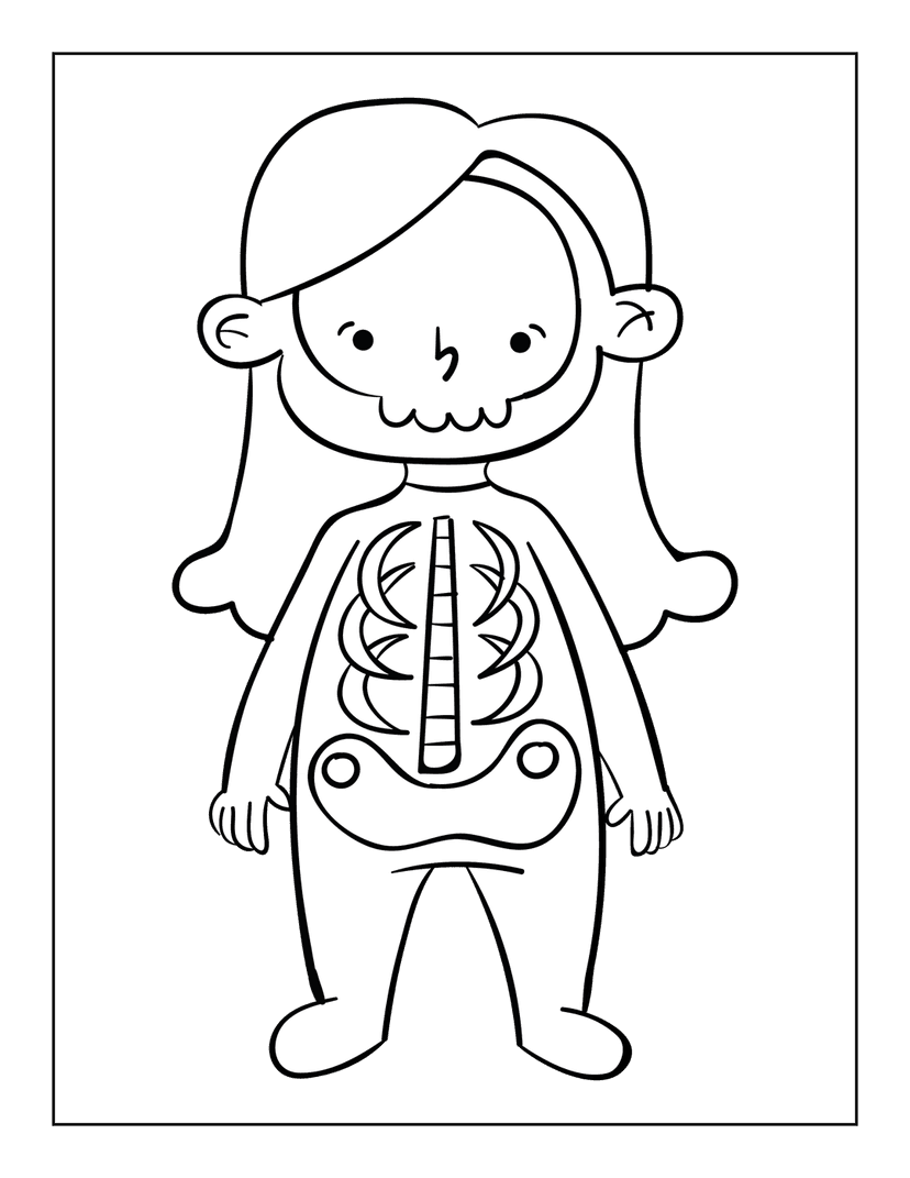 Skeleton coloring page featuring a simplified cartoon human frame with large skull and rounded bone shapes.