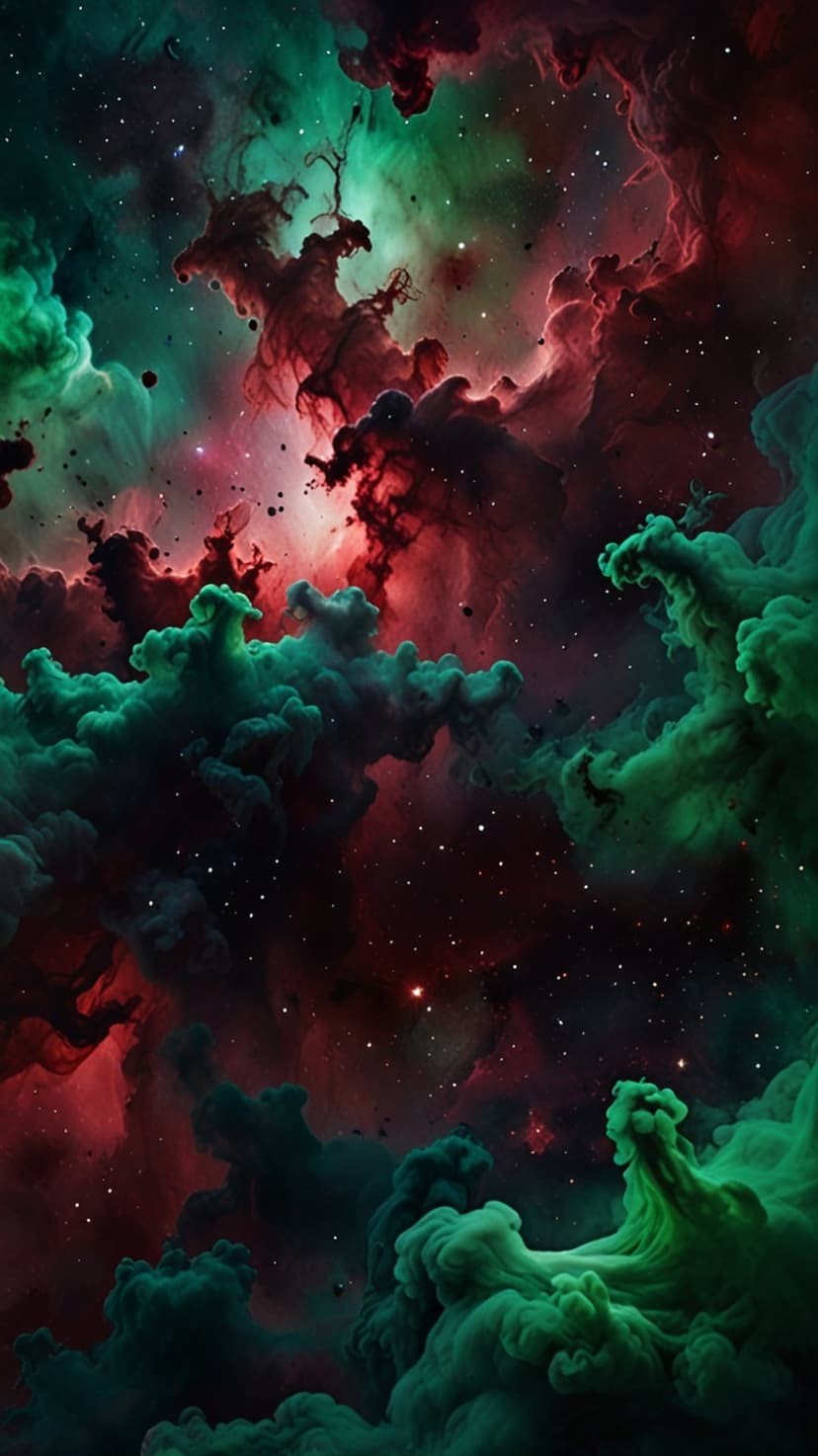 Red and green cosmic gas clouds swirl around bright stars and distant galaxies in a dark space environment.