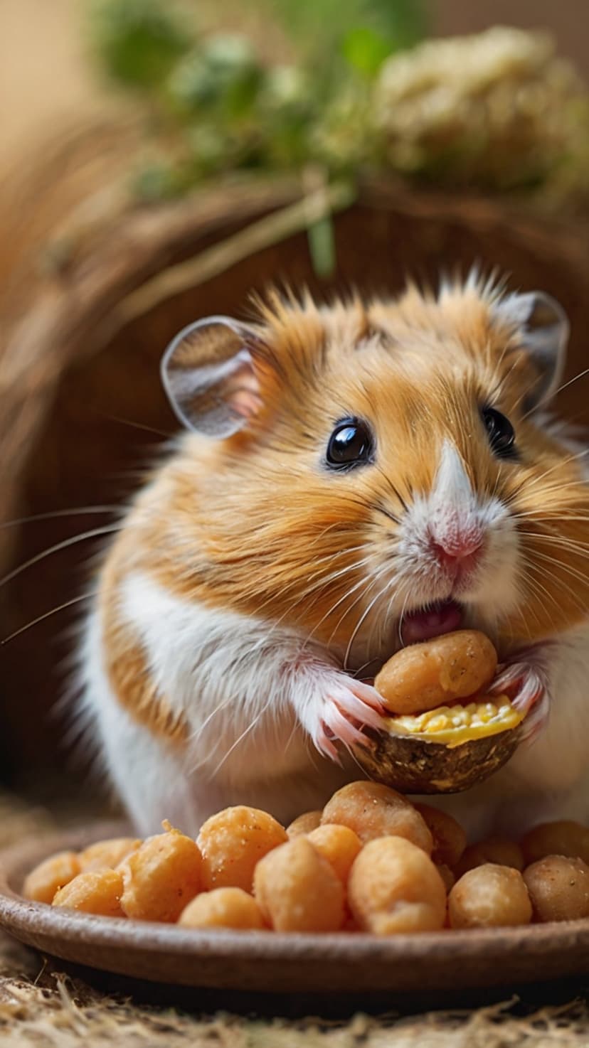 Syrian hamster with orange fur sits in a soft burrow holding a small seed with its paws near a pile of grain.