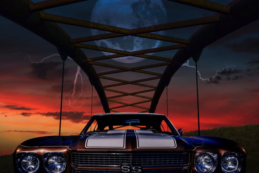 Classic muscle car parked under a bridge during a red sunset with lightning strikes and a large full moon.