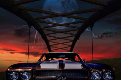 Vintage Muscle Car Lightning Storm Sunset Mobile Wallpaper