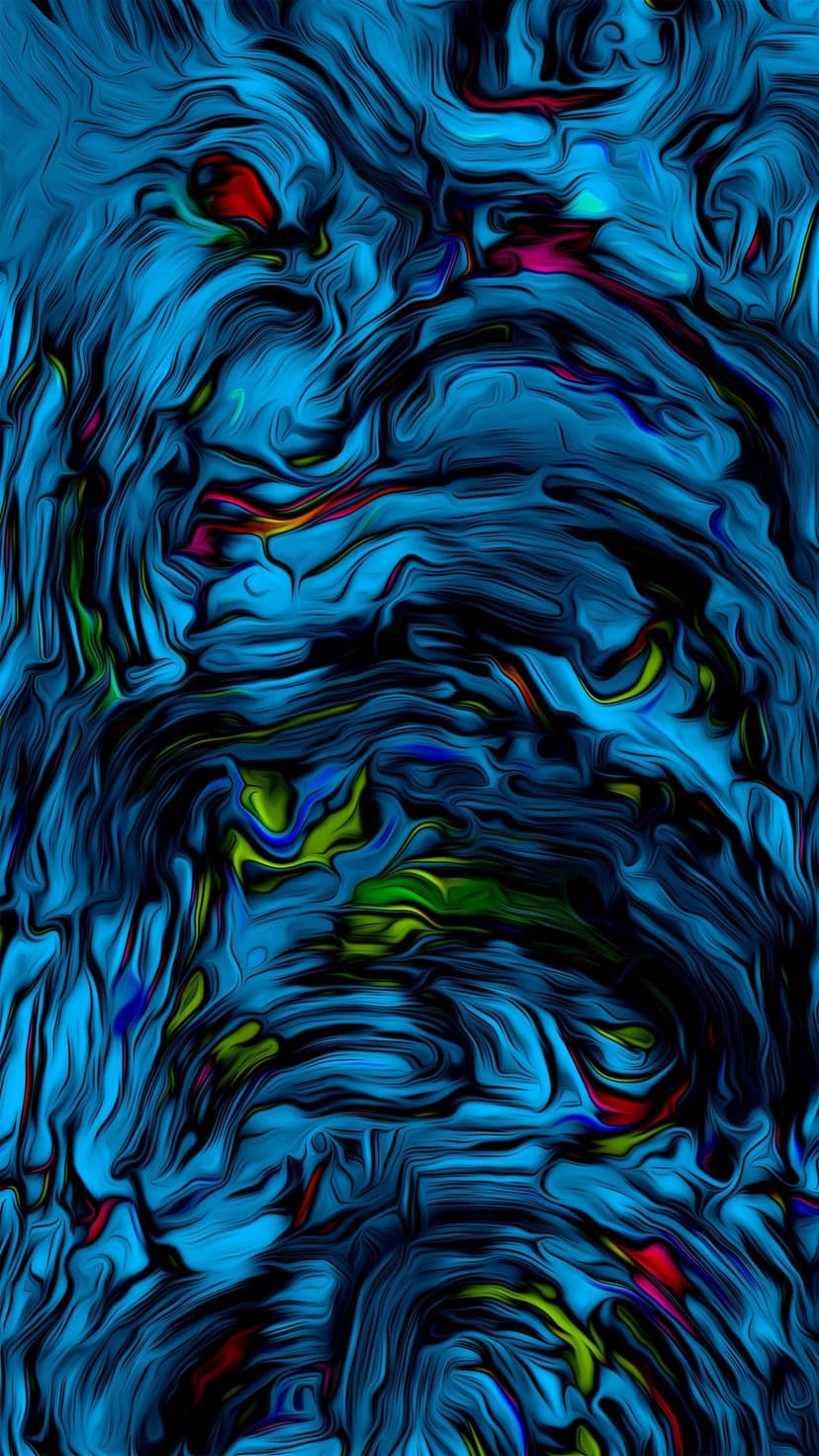 Blue paint swirls and vibrant splashes of red and yellow form a textured, fluid pattern with deep brushstrokes.