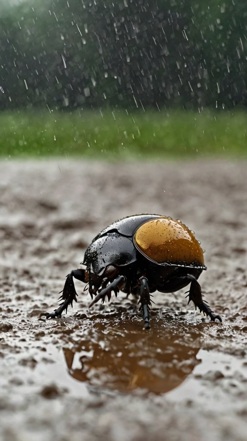 Yellow-winged beetle crawls across wet muddy ground as rain falls, featuring water droplets and soft bokeh.