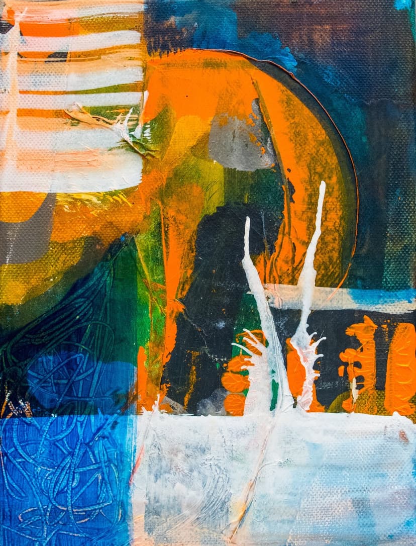 Thick orange, blue, and emerald green brushstrokes with white paint splatters create a textured vertical design.
