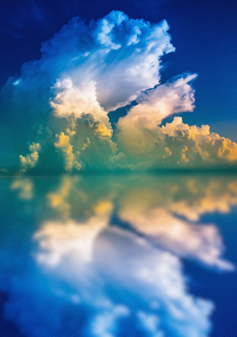 Sun-kissed yellow clouds reflect on a calm blue sea surface under a clear horizon in a symmetrical landscape.