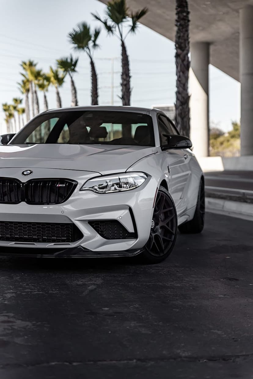 Silver BMW M2 Coupe parked near palm trees and modern concrete walls, showcasing its aggressive front grille.