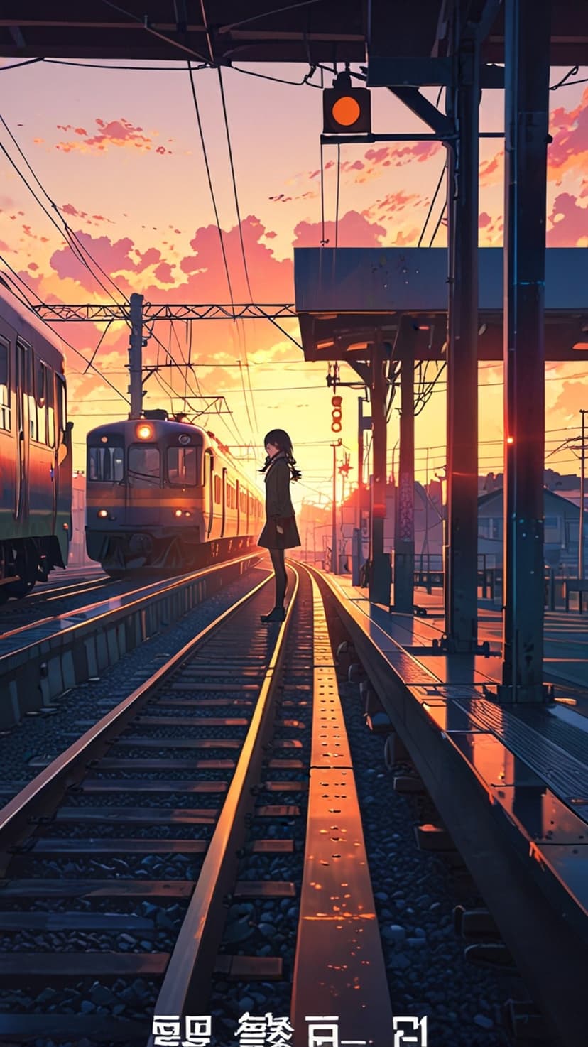 Lone girl stands on wet train tracks at sunset between two locomotives under a glowing pink and orange sky.