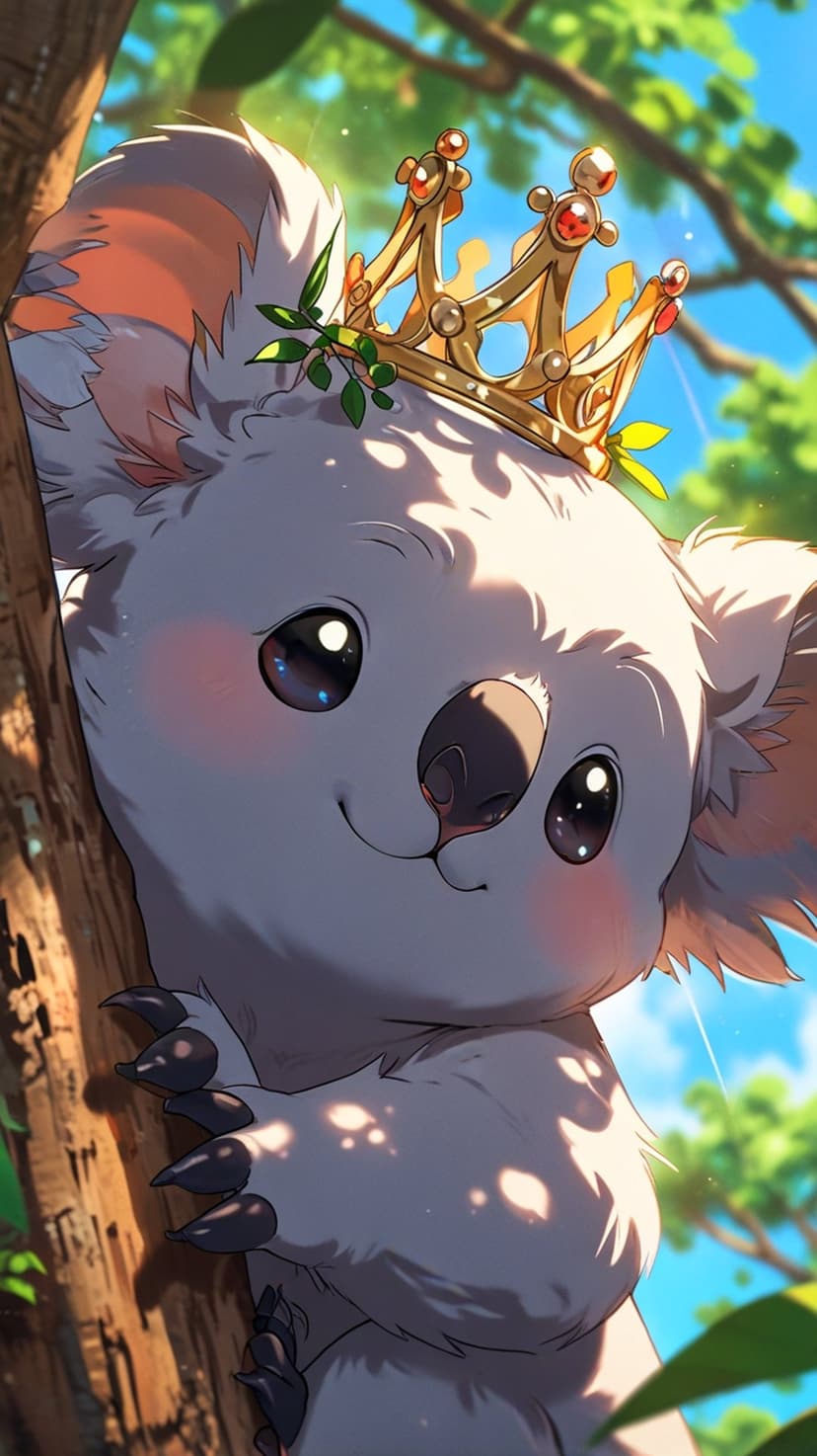 Koala wearing a gold crown with red jewels peeks from behind a tree in a lush, sun-dappled green forest.