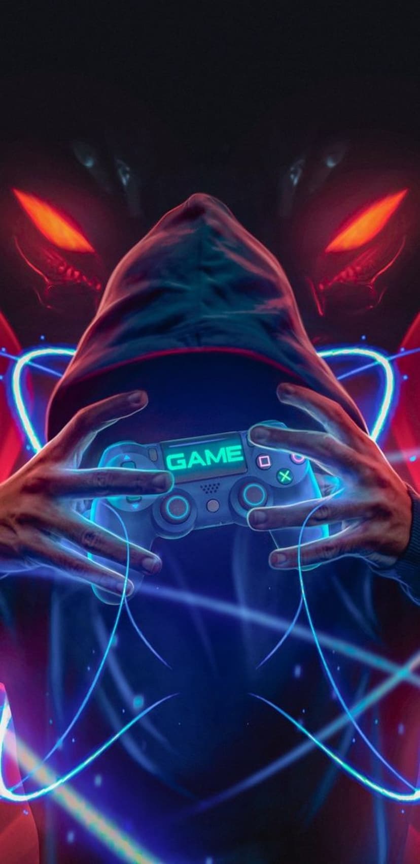 Hooded gamer holding a neon green controller while fiery red eyes glow in a dark, blue and red lit background.