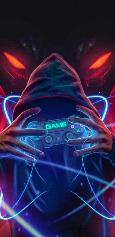 Gamer with Controller, Neon Lights, and Fiery Eyes