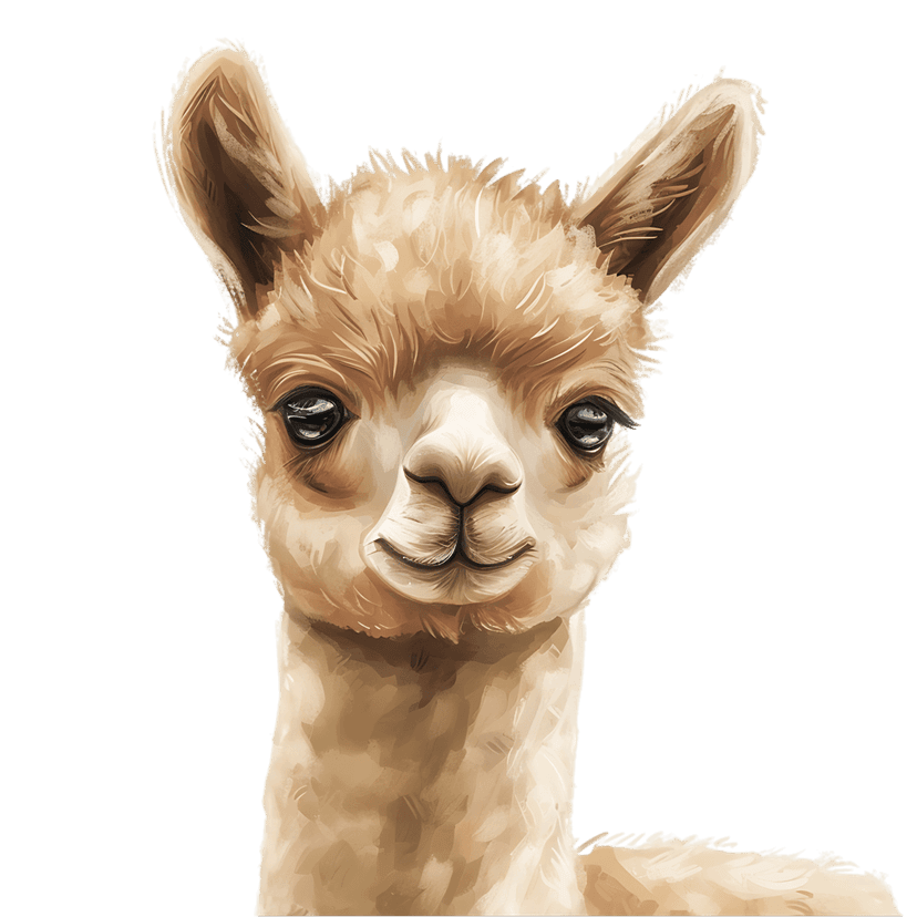 Alpaca face watercolor portrait featuring large dark eyes, fluffy ears, and brown earth tone paint textures.
