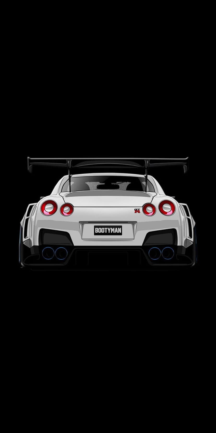 White Nissan GTR rear profile with circular taillights and a large spoiler against a solid black background.