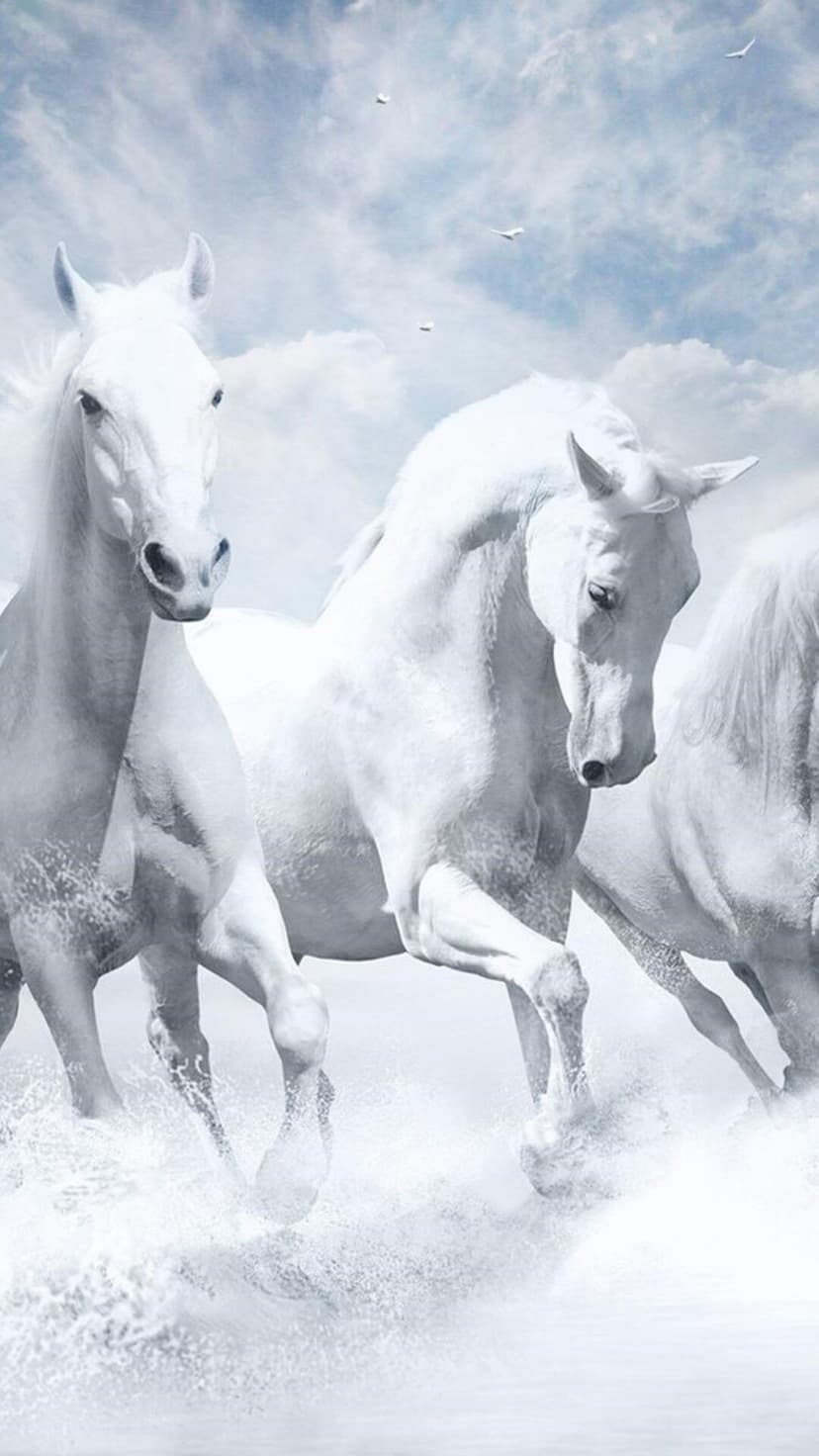 White horses gallop through splashing water and thick clouds beneath a pale blue sky with soaring birds.