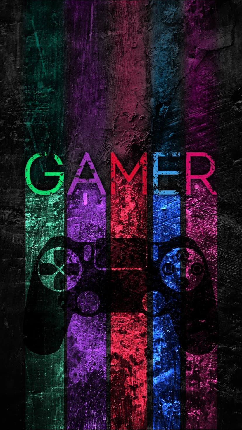 Video game controller silhouette with neon paint splatters and bold GAMER text on a black textured surface.
