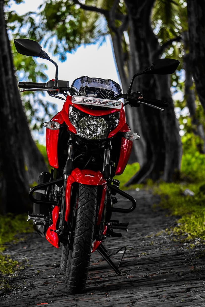 Red sport motorcycle parked on a dirt path through a dense forest with dappled sunlight hitting the front fairing.