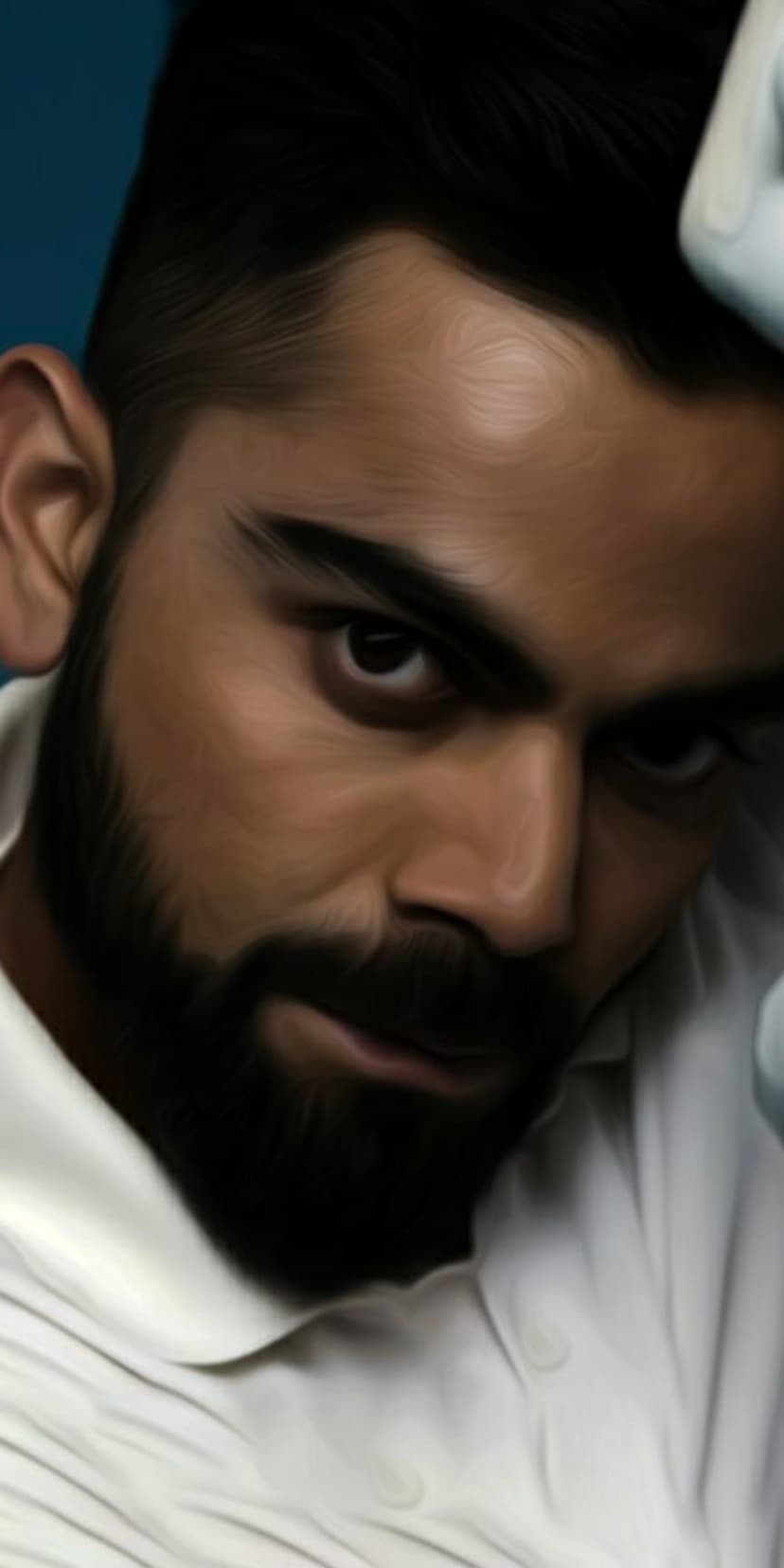 Virat Kohli with a groomed beard and focused expression stares forward against a soft blue textured background.