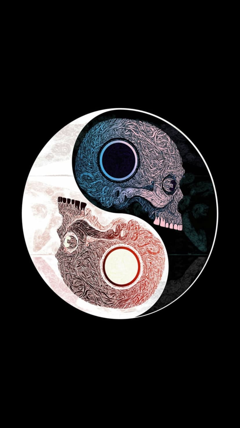Blue and red patterned skulls forming a Yin Yang symbol against a dark background with fine ornate details.
