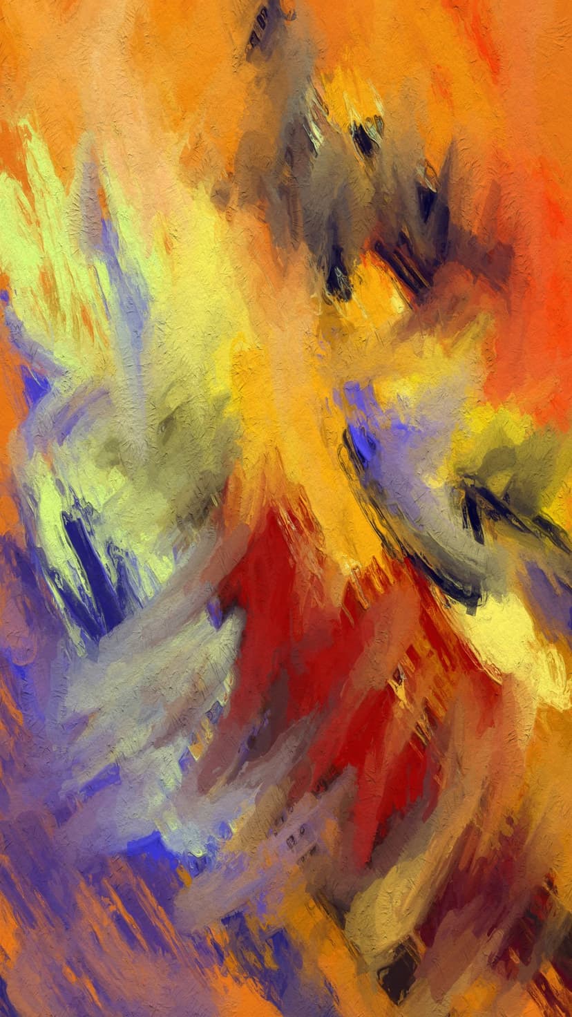 Orange and yellow paint swirls with blue and purple slashes in a vertical textured abstract composition.