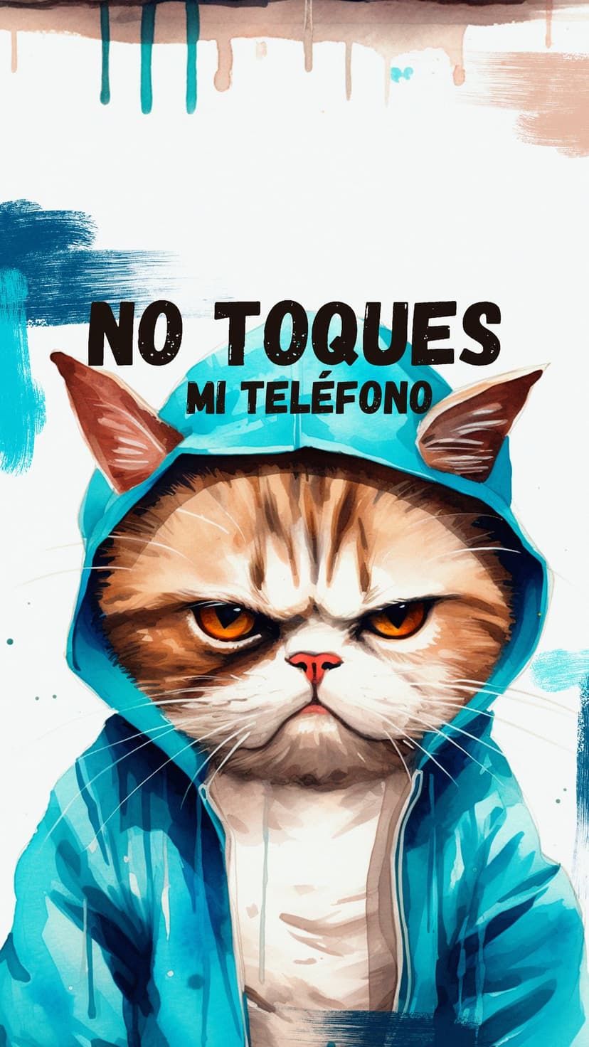 Grumpy cat in a blue hoodie poses against a teal background with the text No Toques Mi Telefono in black.