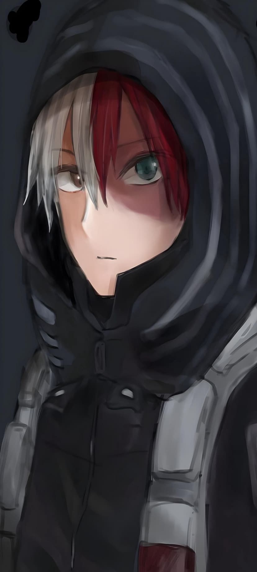 Shoto Todoroki with red and white hair wearing a black hooded jacket with intricate tactical armor details.