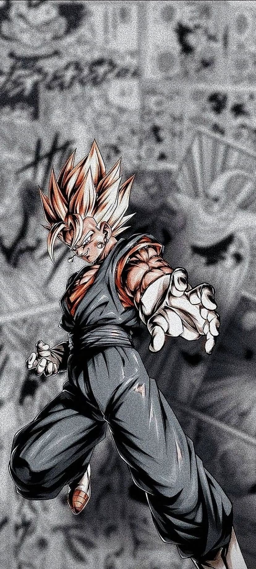 Goku in Super Saiyan Blue form with clenched fists set against grayscale manga panels and comic action lines.