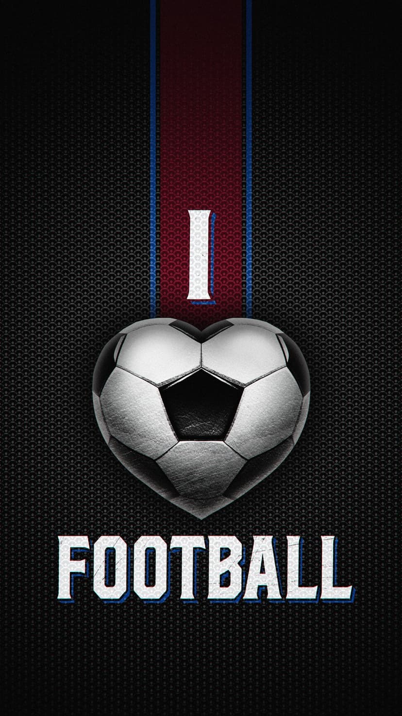 Heart-shaped soccer ball with bold I Love Football text centered on a dark textured sports-themed background.