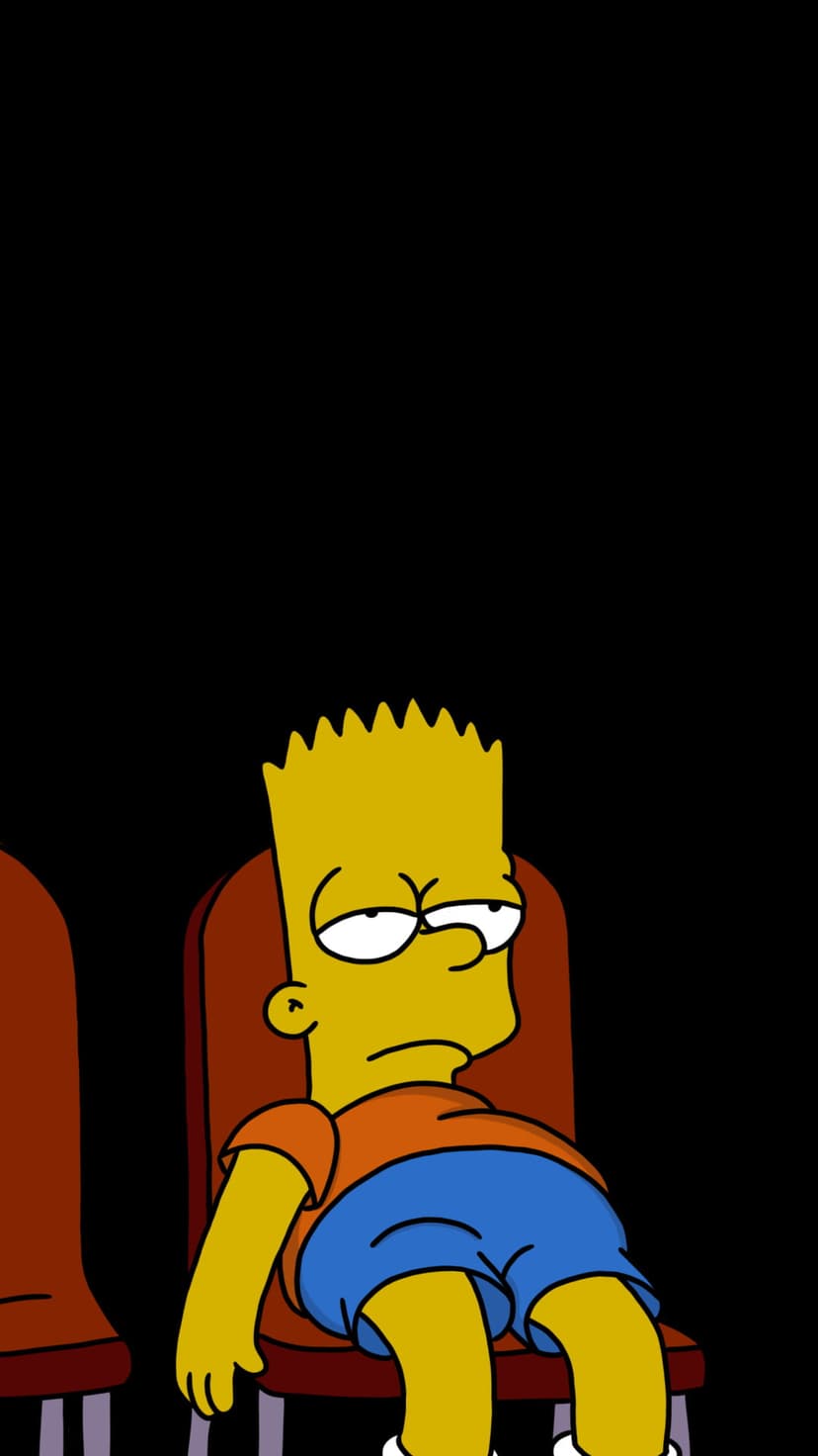 Bart Simpson slumps in a dark theater chair wearing an orange shirt and blue shorts with a bored expression.