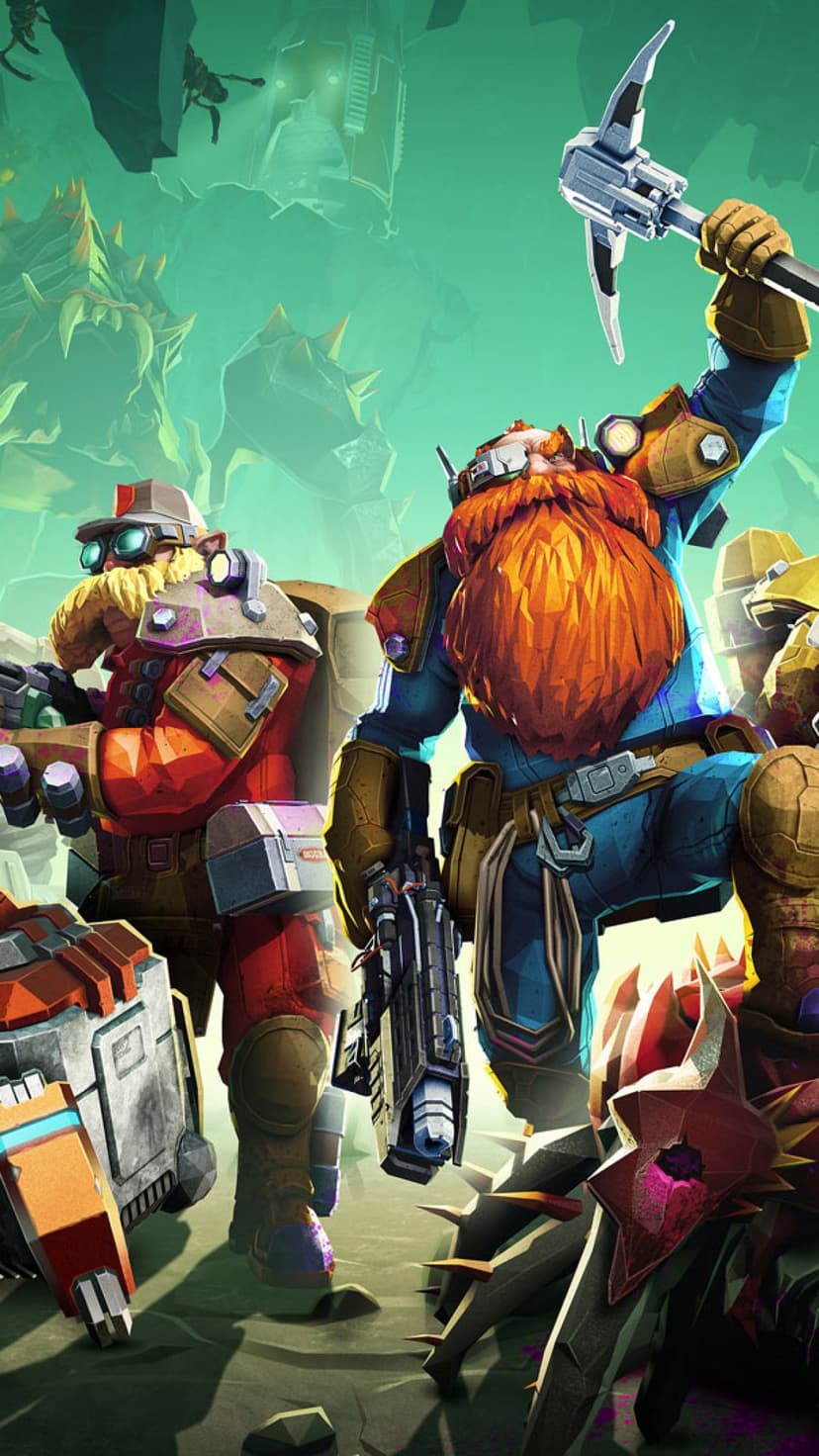 Dwarf miners with a pickaxe and heavy gear stand in a glowing green cave surrounded by alien creatures.