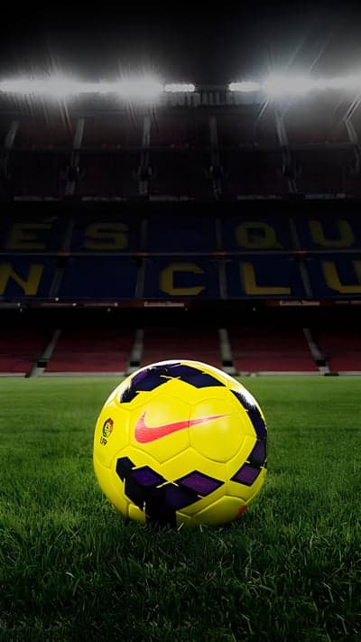 Soccer ball on grass at stadium, FC Barcelona
