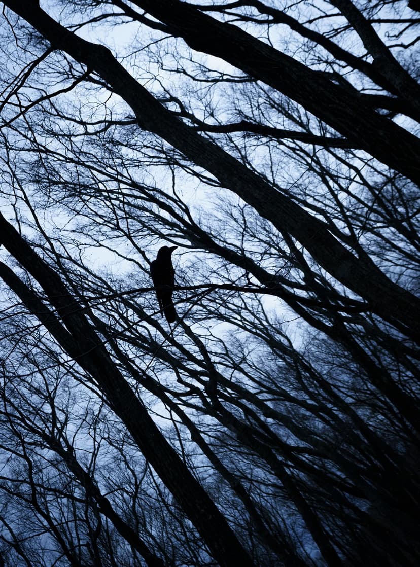 Black crow perched on a gnarled, leafless branch against a foggy grey sky in a dense thicket of winter trees.