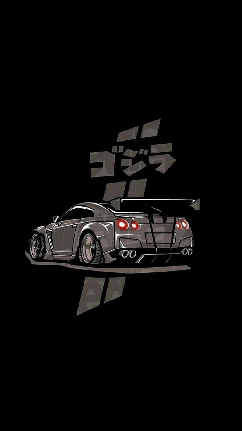 Silver Nissan GT-R with a rear spoiler and red taillights below stylized Japanese text on a black background.