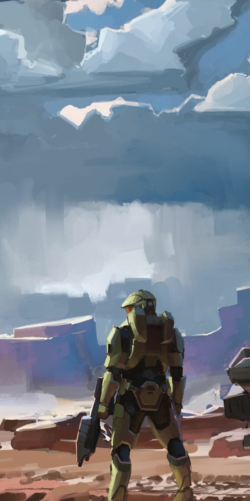 Spartan soldier in green armor looking at a vast blue sky with thick white clouds over a desert canyon.