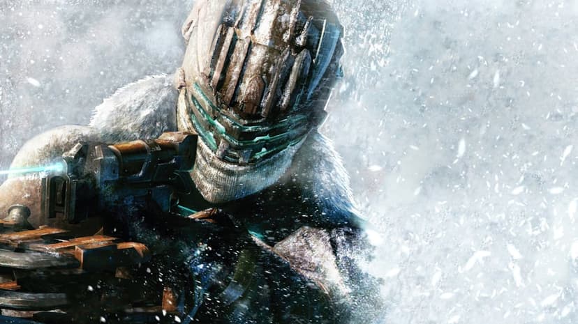 Isaac Clarke in arctic armor aims a weapon with a blue laser sight through a heavy blizzard with thick snow.