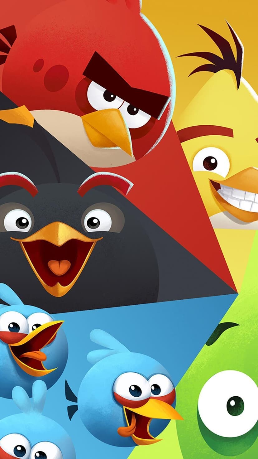 Colorful close-up of Red, Chuck, Bomb, and The Blues birds in a layered cartoon composition for mobile screens.