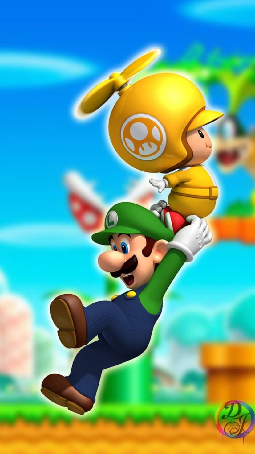 Luigi carries a character in a yellow propeller suit past green warp pipes under a clear blue sky with clouds.