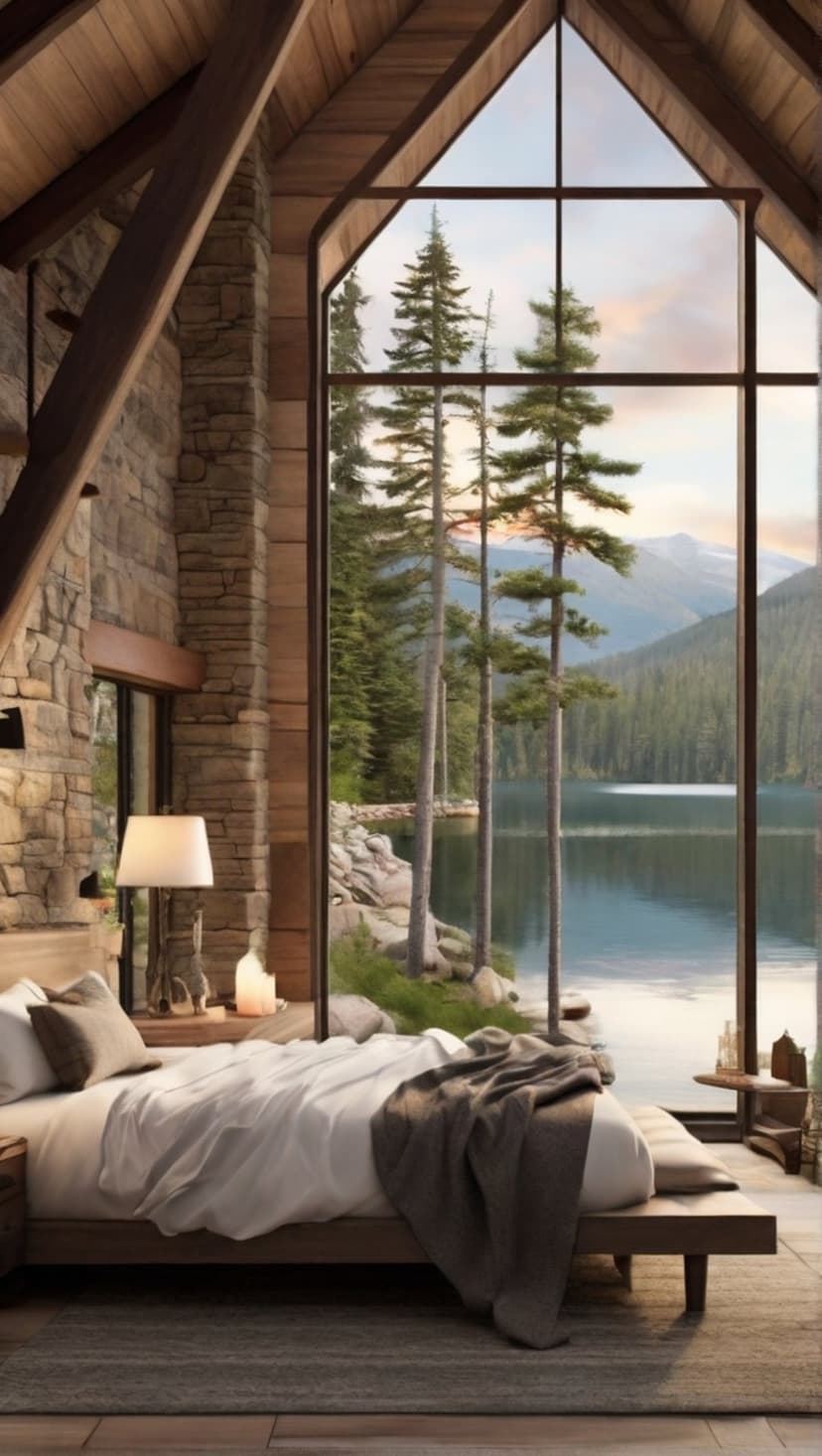 Rustic bedroom with white linens faces a large window showing a blue lake, pine trees, and jagged mountain peaks.