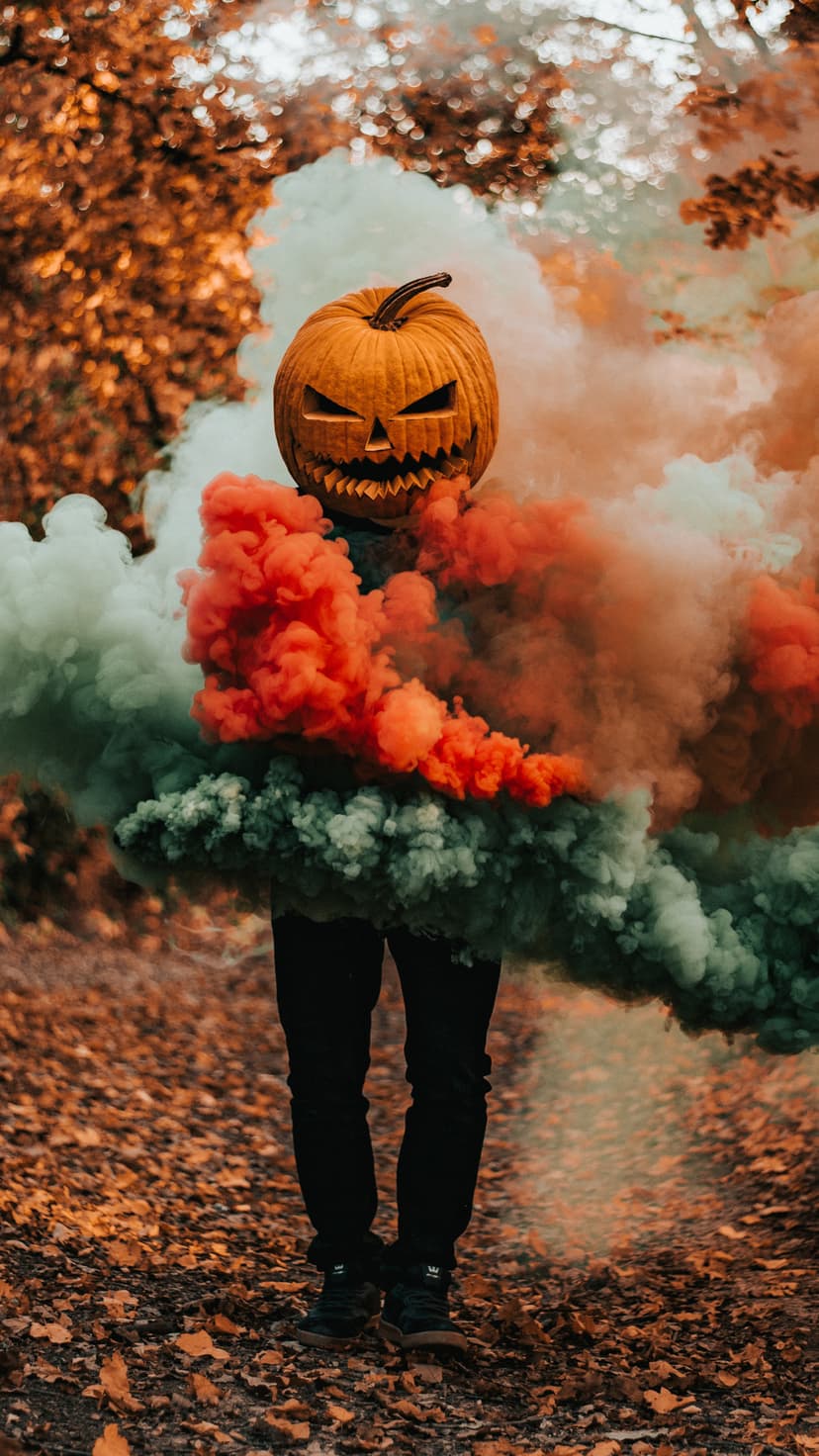 Pumpkin-headed figure stands in a forest surrounded by red and green smoke clouds and fallen autumn leaves.