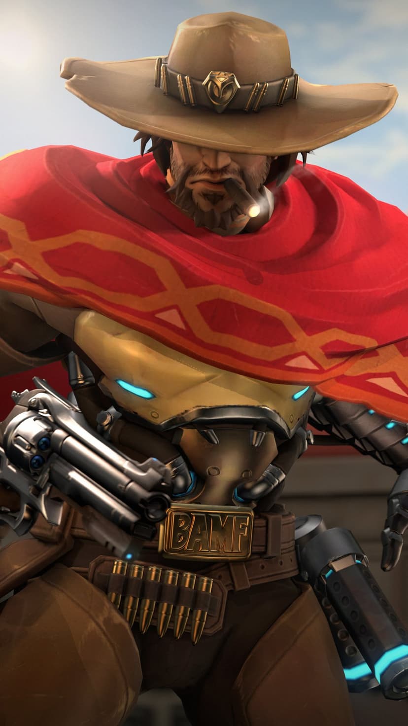 A futuristic cowboy in a red poncho holding a revolver, featuring a mechanical chest and BAMF belt buckle.
