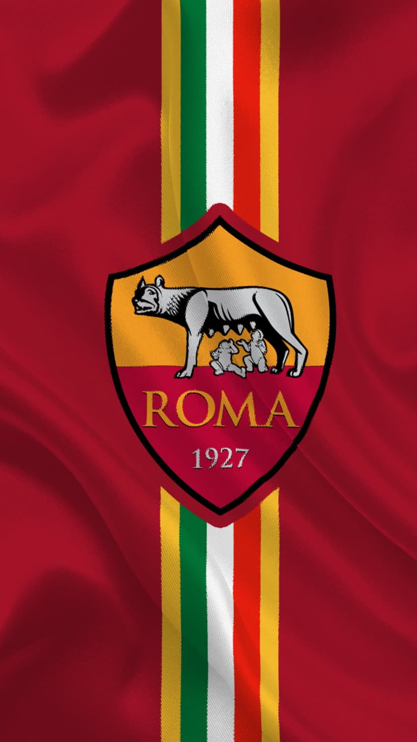 AS Roma she-wolf crest positioned over a textured red waving flag with green, white, and yellow vertical stripes.