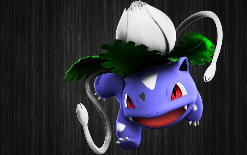 Purple Ivysaur with red eyes and white bulb extending vines against a dark textured wooden background.
