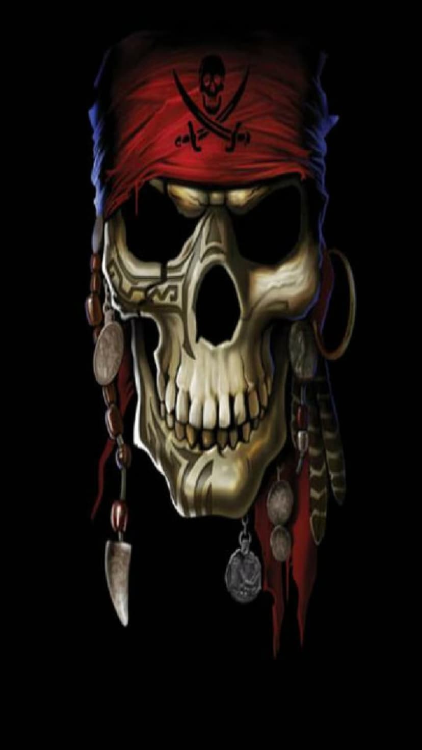 Pirate skull with a red bandana, dangling feathers, silver coins, and a hoop earring against a black background.