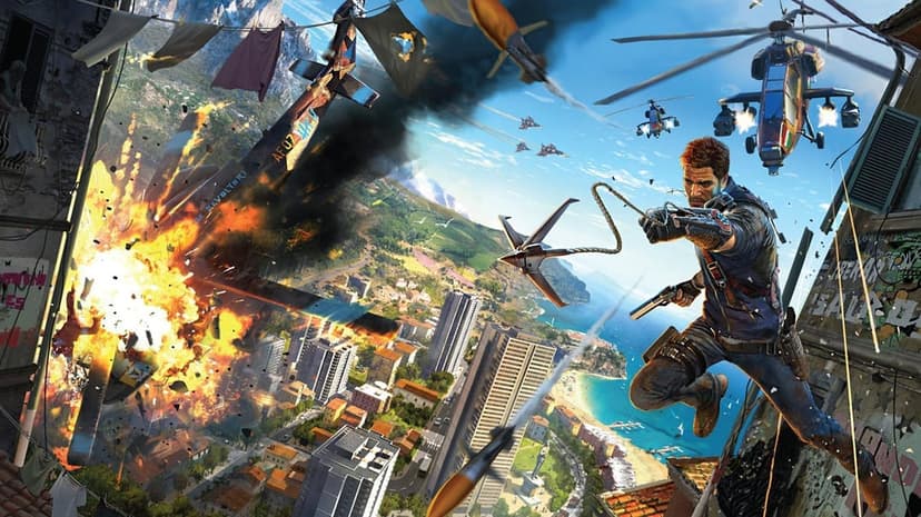 Rico Rodriguez jumps with a grappling hook as a plane explodes near helicopters over a coastal city.
