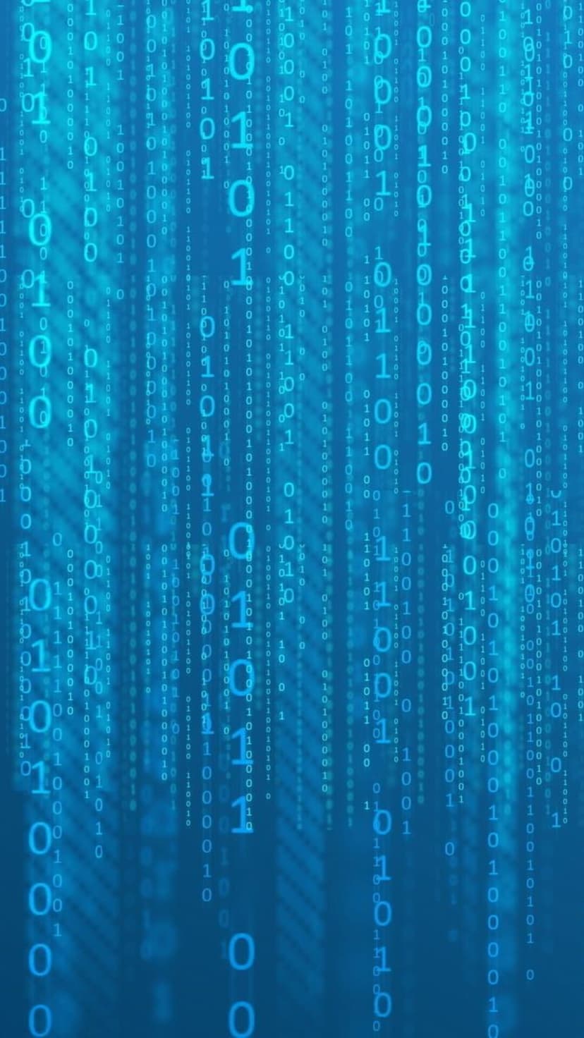 Glowing cyan zeros and ones cascade down a deep blue gradient background in a technological data stream.